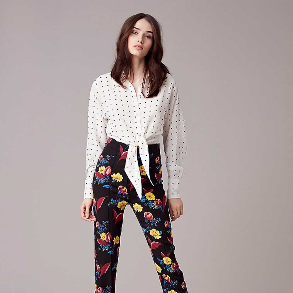 DVF Long Sleeve Dotted Front-Tie Blouse, White